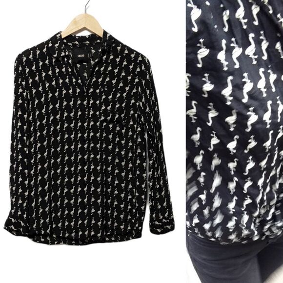 ASOS Black White Flamingo Button Up Shirt 4 - Picture 1 of 8